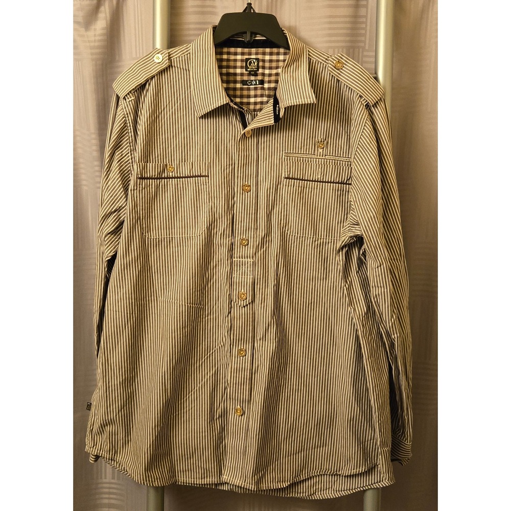 Cavi Mens 2XL Brown White Striped Military Button Down Shirt Epaulettes Cotton